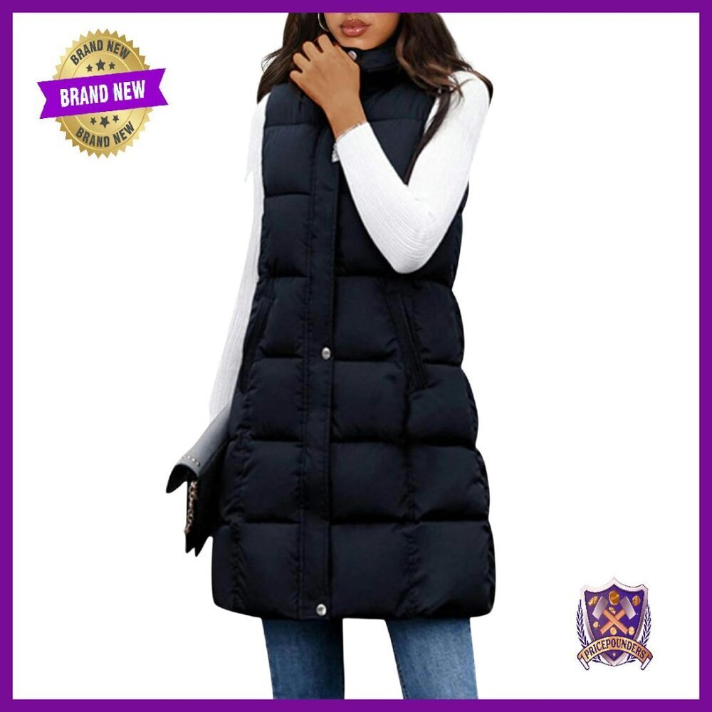 Long Puffer Vest Sleeveless Mid-Length with Removable Hood Padded Gilet
